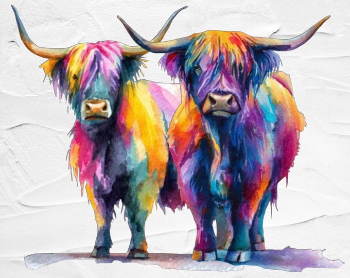 Highland Cows Print, Watercolour Abstract Poster Wall Art
