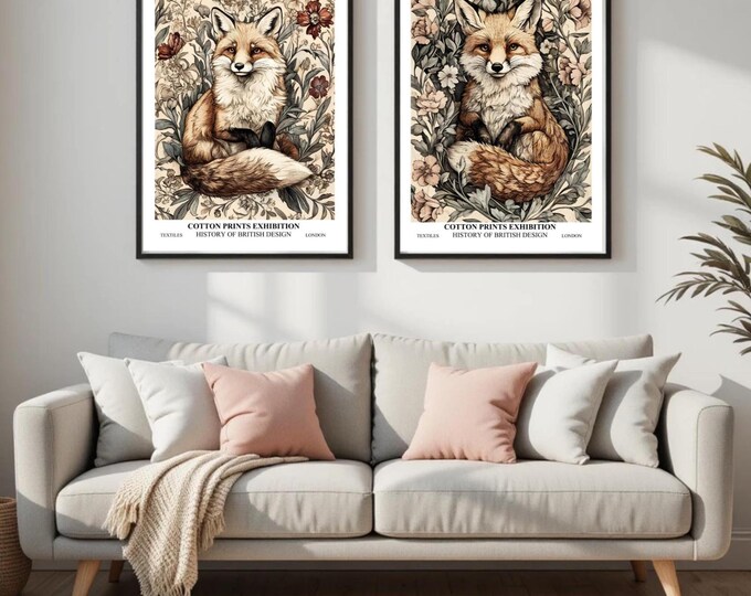 William Morris Fox Prints, Set of 2, Exhibition Art, Wildlife Artwork,