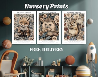 Set of 3 William Morris Prints, Exhibition Art, Woodland Animal Prints, Nursery Room Wildlife,
