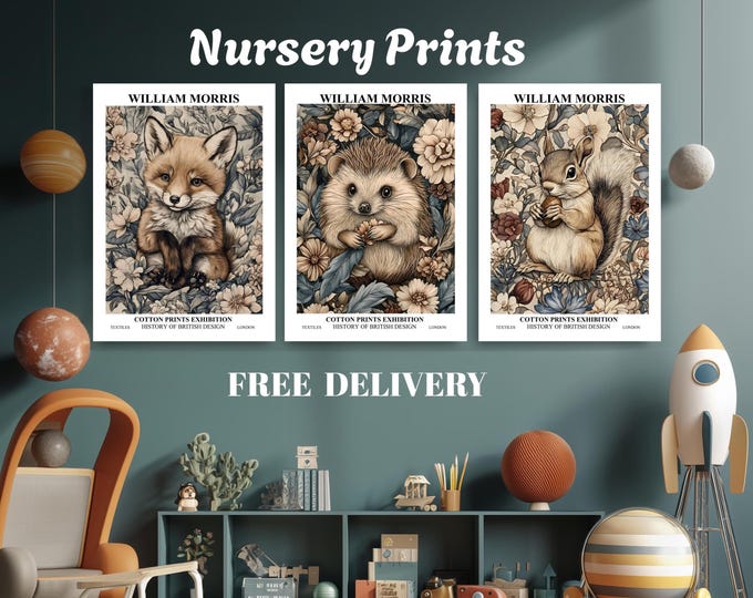 Set of 3 William Morris Prints, Exhibition Art, Woodland Animal Prints, Nursery Room Wildlife,