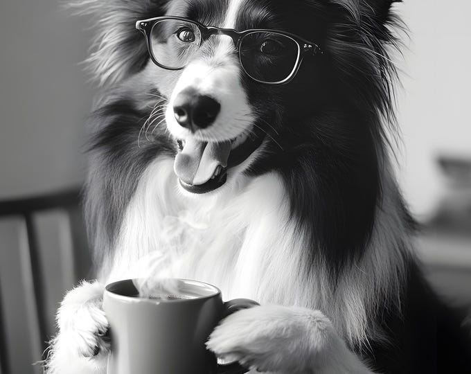 Border Collie Drinking Coffee Wall Art Print: Funny Dog Gift, Framed or Poster Only.