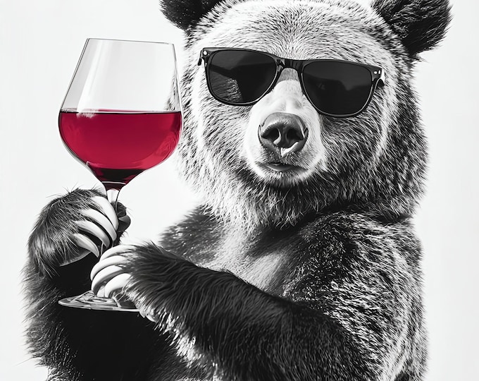 Bear Drinking a Glass of Wine Wall Art Print: Fun Gift, Framed Poster  or Print Only.