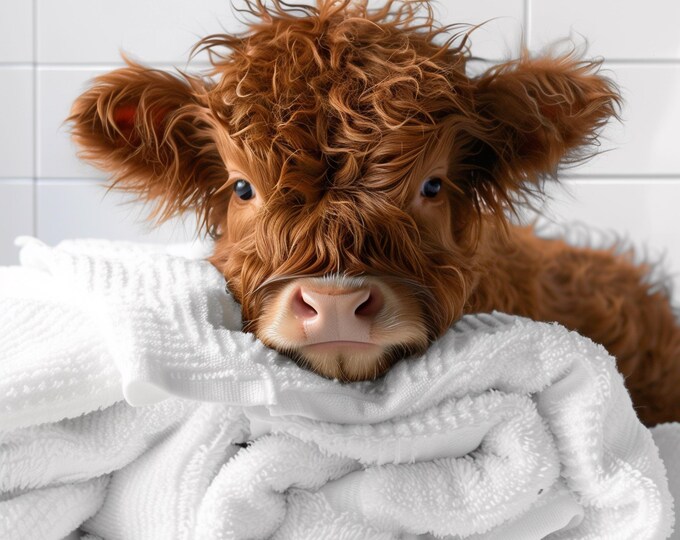 Highland Cow Calf Laying on a Towel Watercolour Wall Print Art