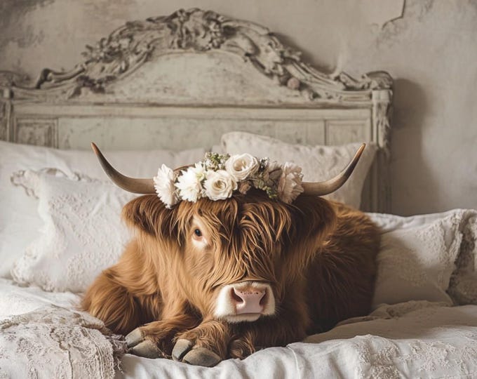 Highland Cow Print, Floral Crown, Scottish Cattle Photo