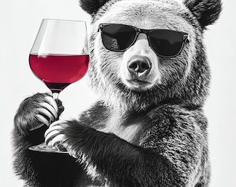 Bear with Wine Glass Art Print, Funny Bar Wall Decor