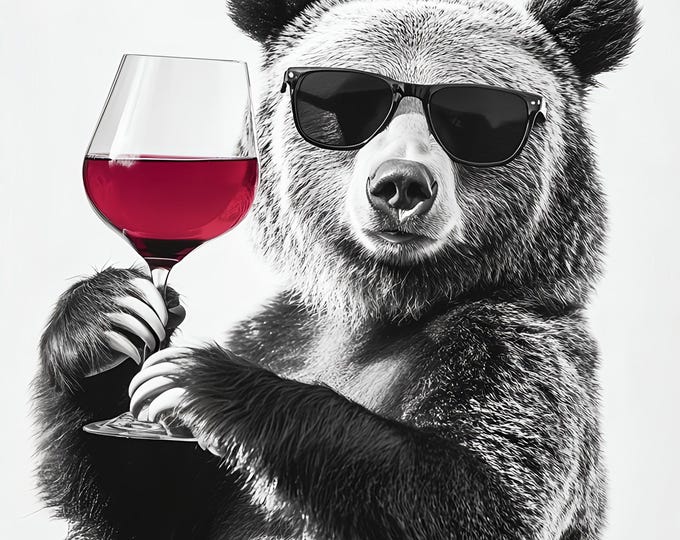 Bear with Wine Glass Art Print, Funny Bar Wall Decor