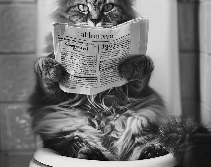 Cat Sat on the Toilet Wall Art Print:  Fun Poster Framed or Print Only. FREE DELIVERY