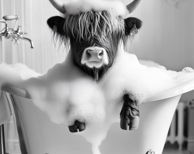 Highland Cow in Tub Print | Funny Bathroom Wall Art