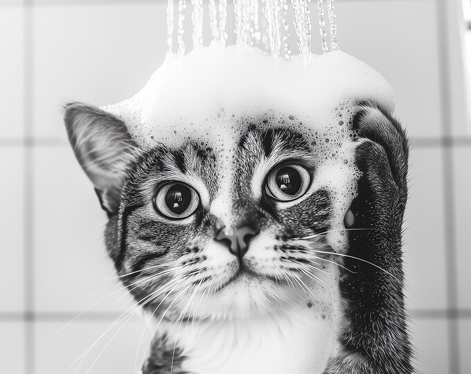 Fun Cat in the Shower Print, Bathroom Wall Art