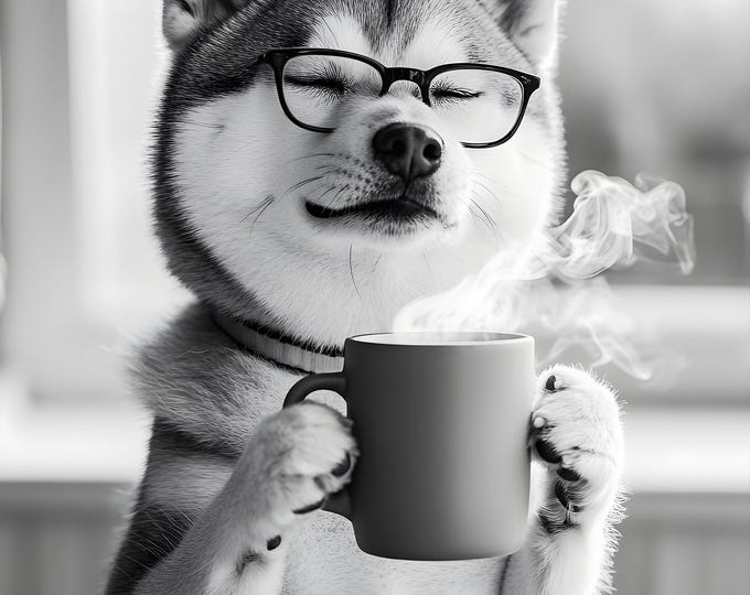 Shibalnu Drinking Coffee Wall Art Print: Funny Dog Gift, Dogs Drinking Poster Framed or Print Only. FREE DELIVERY