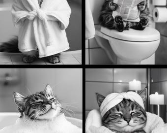 A3 Cat Bathroom Prints, Black and White Cat Wall Art Print
