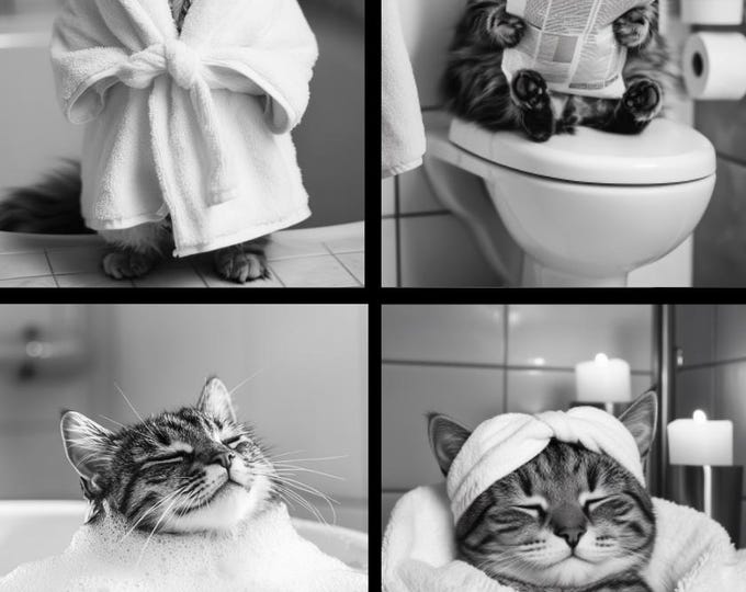 A3 Cat Bathroom Prints, Black and White Cat Wall Art Print