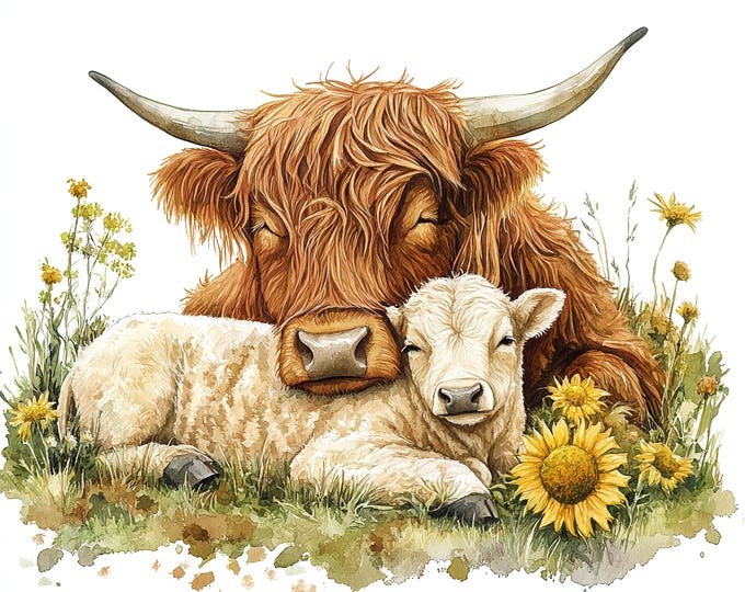 Highland Cow & Calf Art Print, Scottish Decor, Farmhouse Style