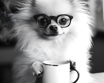 Pomeranian Drinking Coffee Wall Art Print: Funny Dog Gift, Dogs Drinking Poster Framed or Print Only. FREE DELIVERY