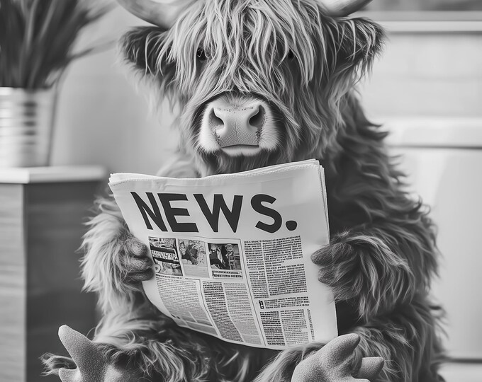 Highland Cow Sat on Toilet Wall Art Print: Fun Gift, Poster or Print