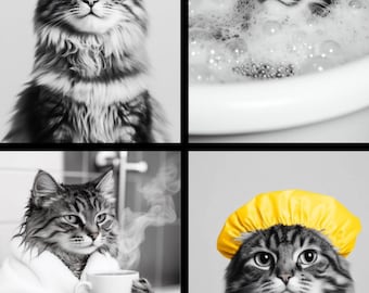 A3 Cat Bathroom Print, Toilet Wall Art, Black Frame or Poster Only