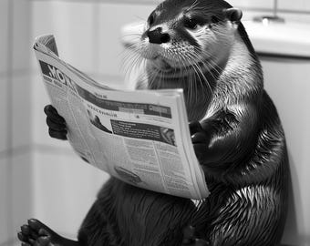 Otter Reading Newspaper in Toilet Photo Print, Funny Bathroom Wall Art