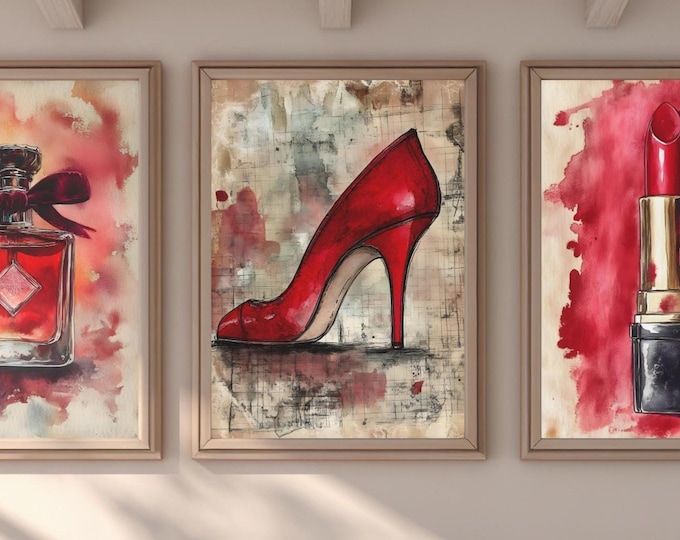 Red Lipstick, Heels & Perfume | Makeup Wall Art Print | Set of 3 Prints