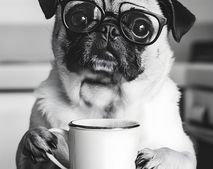 Pug Dog Drinking Coffee Wall Art Print,  Framed Options Available FREE DELIVERY
