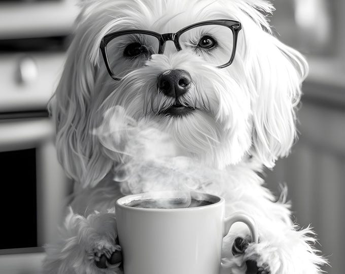 Havanese Drinking Coffee Wall Art Print: Funny Dog Gift, Dogs Drinking Poster Framed or Print Only. FREE DELIVERY