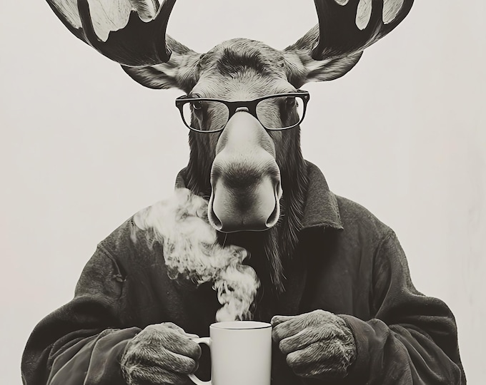 Moose Drinking Coffee Wall Art Print: Fun Gift, Framed Poster  or Print Only.