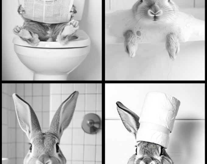 Funny Bunny Bathroom Print, Quirky Rabbit Wall Art