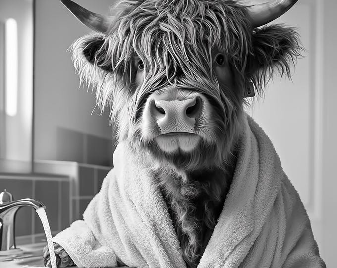 Highland Cow in Robe Art Print, Bathroom Decor