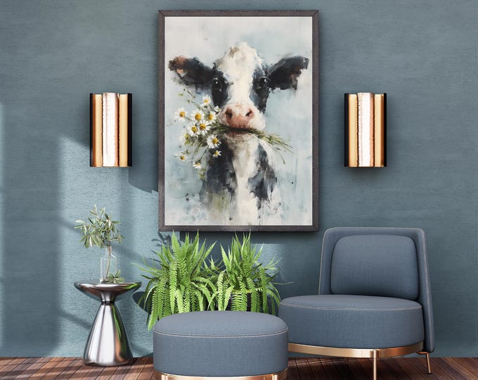 Highland Cow Eating Flowers Watercolour Wall Art Print   UNFRAMED
