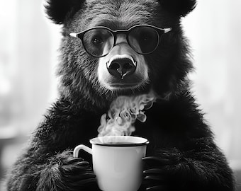 Bear with Coffee Print, Quirky Animal Wall Art