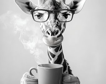Giraffe Drinking Coffee Wall Art Print: Fun Gift, Framed Poster  or Print Only.