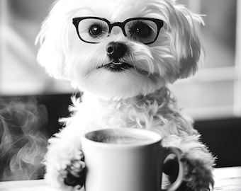 Maltese Drinking Coffee Wall Art Print: Funny Dog Gift, Dogs Drinking Poster Framed or Print Only. FREE DELIVERY