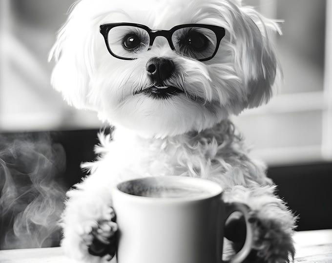 Maltese Drinking Coffee Wall Art Print: Funny Dog Gift, Dogs Drinking Poster Framed or Print Only. FREE DELIVERY