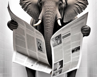 Elephant Newspaper Bathroom Art Print, Quirky Animal Photo
