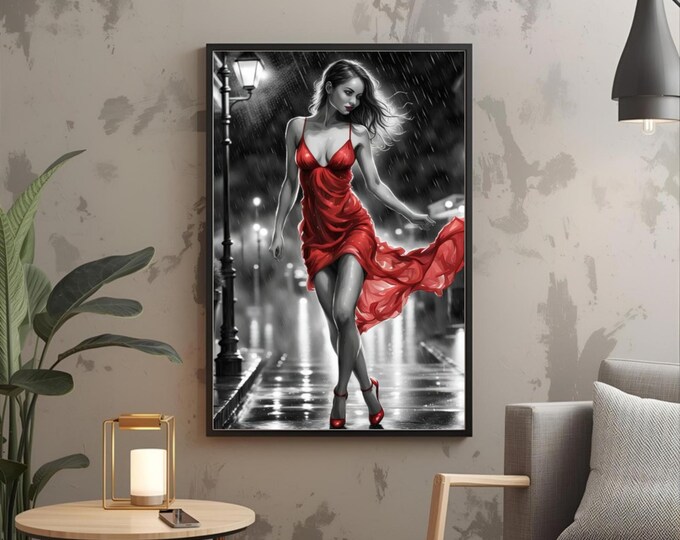 Lady in Red Dancing in the Rain Watercolour Wall Print