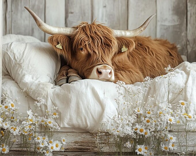 Highland Cow Print, Rustic Floral Wall Art