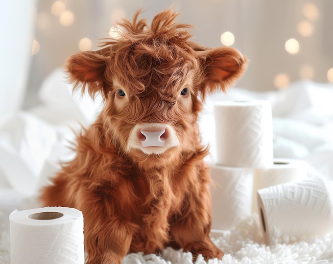 Highland Cow Calf Wearing a Jumper Watercolour Wall Print Art