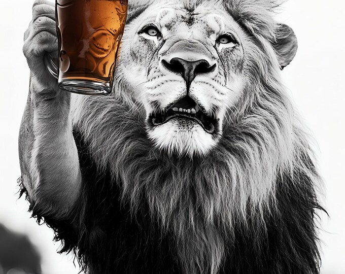 Lion Drinking a Beer Wall Art Print: Fun Gift, Framed Poster  or Print Only.