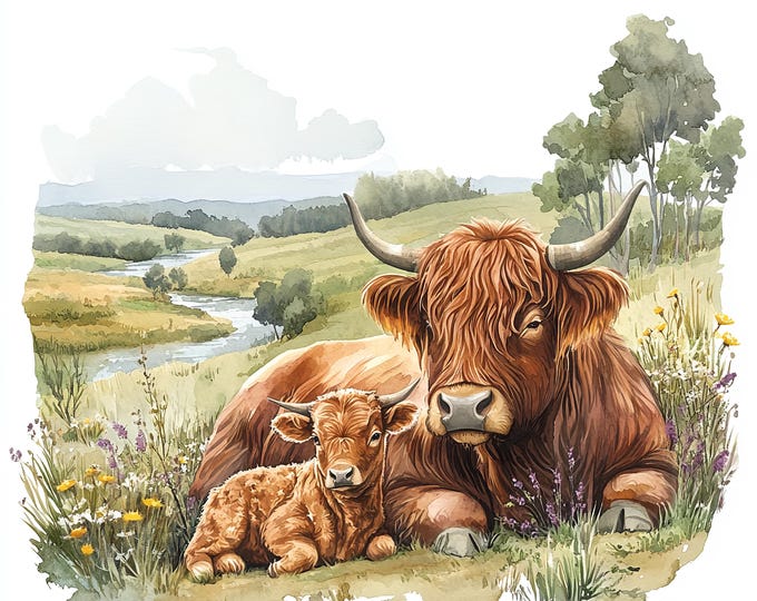 Highland Cow and Calf Print, Scottish Poster Wall Art