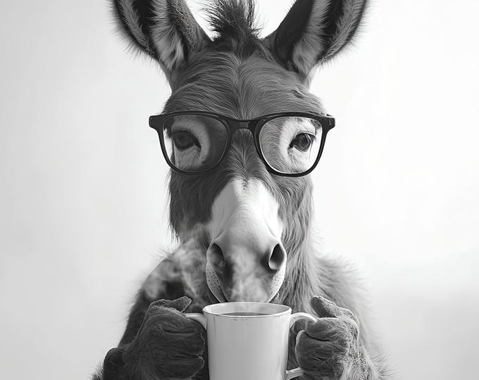 Donkey with Coffee Wall Art Print - Funny Bathroom Decor