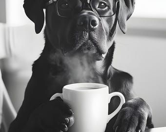 Rottweiler Drinking Coffee Wall Art Print: Funny Dog Gift, Dogs Drinking Poster Framed or Print Only. FREE DELIVERY