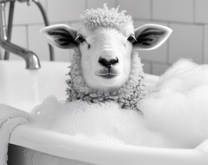 Funny Sheep in Tub Print, Bathroom Animal Wall Art