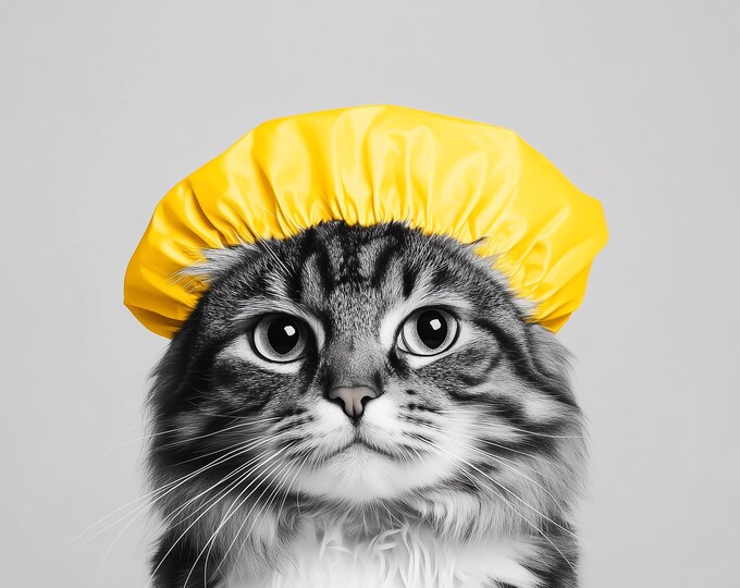 Fun Cat Wearing a Yellow Shower Cap Print, Bathroom Wall Art