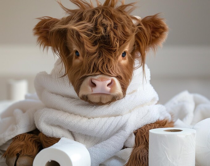 Highland Cow Calf Playing with Toilet Rolls Watercolour Wall Print Art