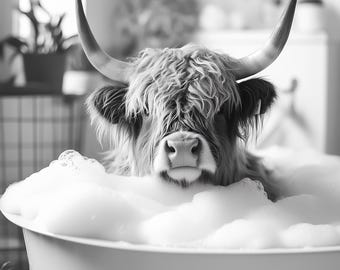 Funny Highland Cow Bathroom Print, Real Glass Frame Available
