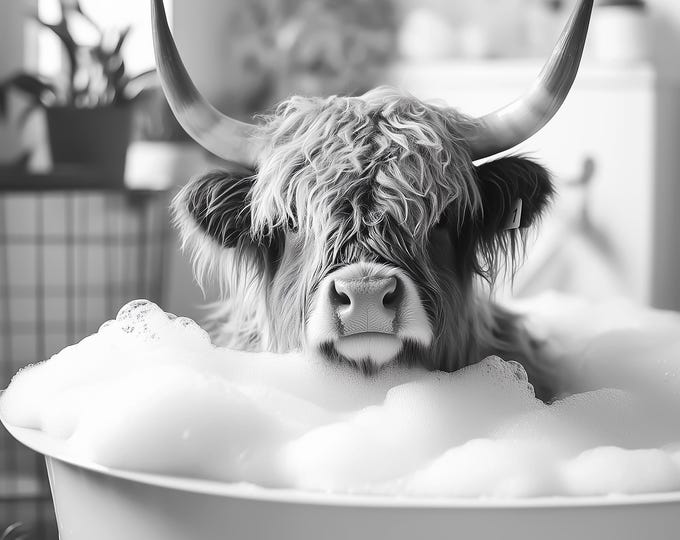 Funny Highland Cow Bathroom Print, Real Glass Frame Available