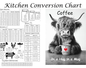 Highland Cow Kitchen Conversion Chart Wall Print