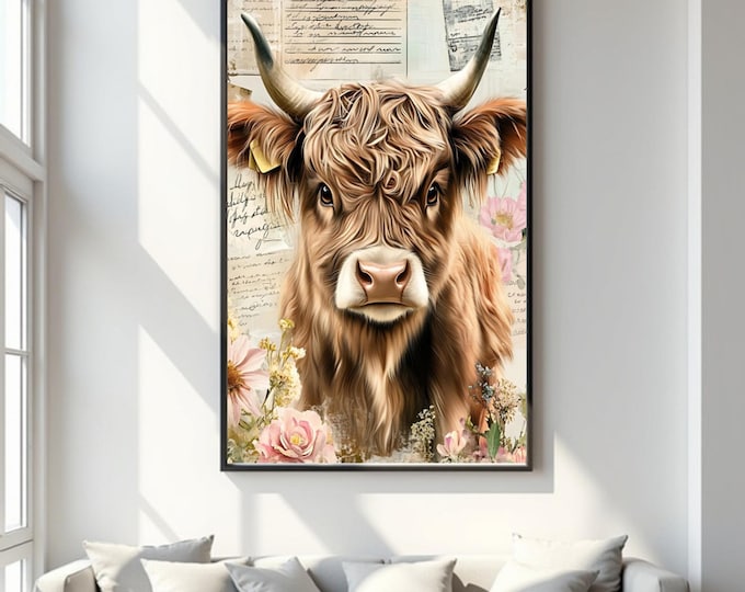 Highland Cow Shabby Chic Watercolour Wall Print Art Print 1