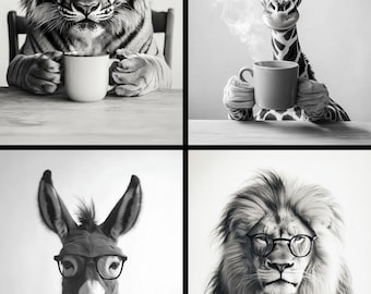 Animals Drinking Coffee Wall Art Print, Kitchen. Lion, Tiger, Giraffe, Donkey
