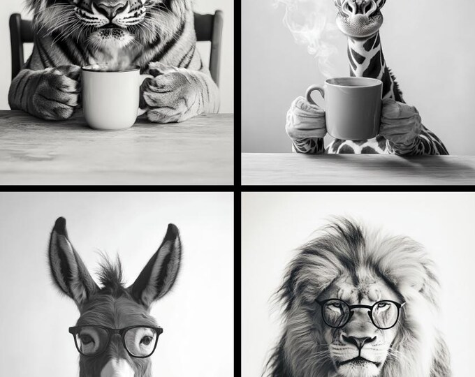 Animals Drinking Coffee Wall Art Print, Kitchen. Lion, Tiger, Giraffe, Donkey