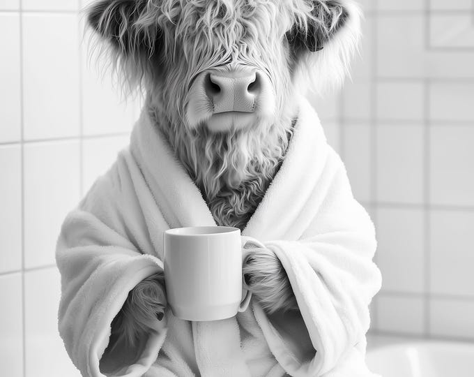 Highland Cow Drinking Coffee Poster Print: Funny Animal Wall Art